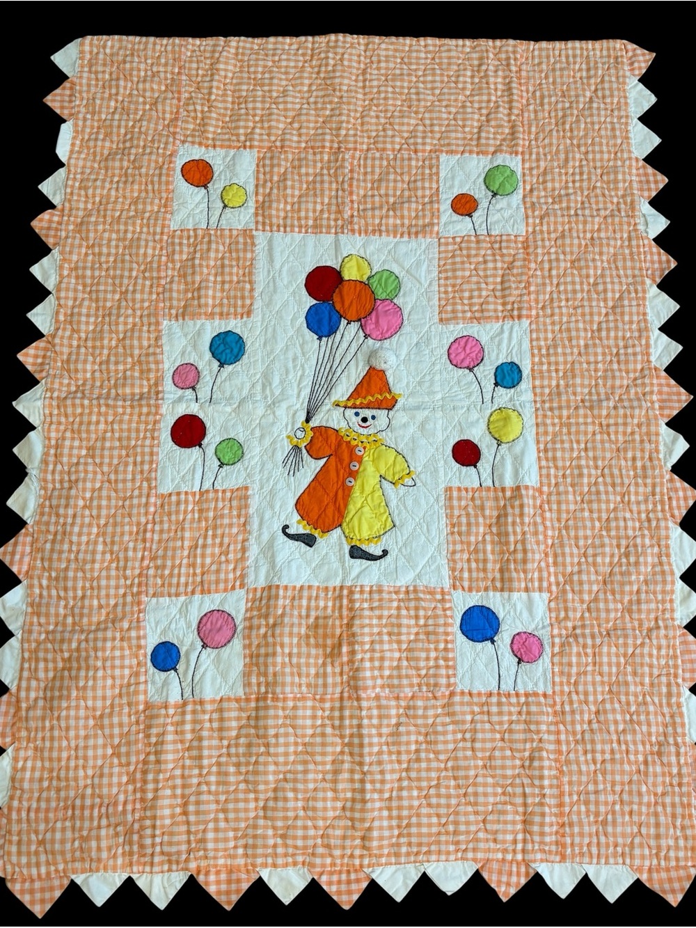 CHEERY Vintage Clown & Balloons Applique Crib Quilt Vintage 70s 80s Baby Blanket